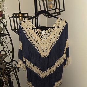 Navy and Cream Crochet Trim Women's Top